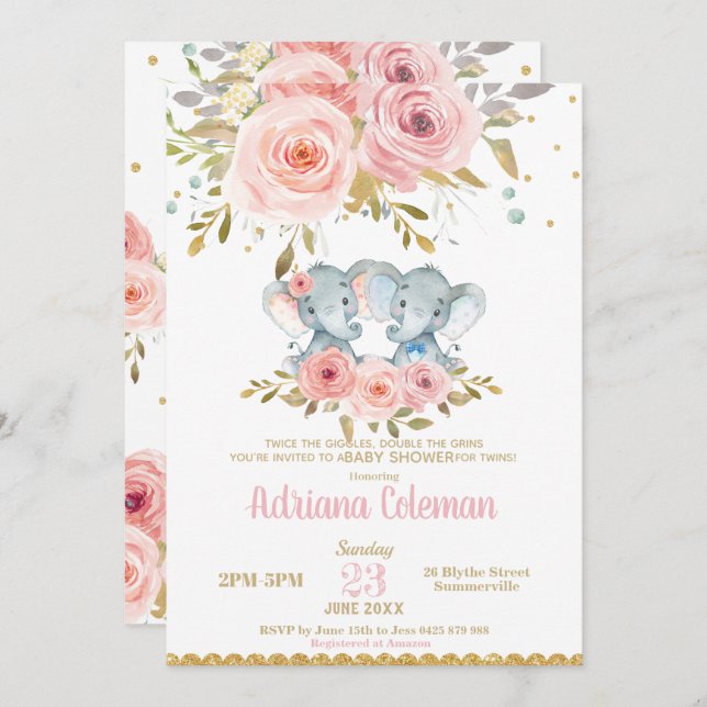 Elephant Twins Boy Girl Babydusche Rosa Floral Einladung (Vorne/Hinten)