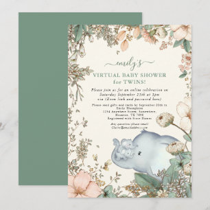 Elephant Twins Florals Sage Virtuelle Babyparty Einladung