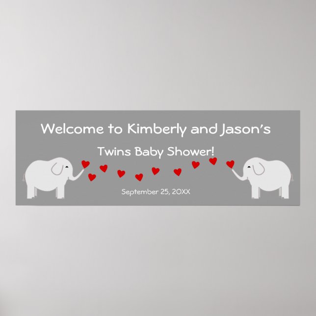 Elephant Twins Gender Neutral Baby Shower Banner Poster (Vorne)
