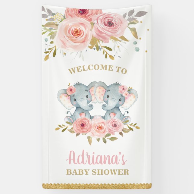 Elephant Twins Girls Babydusche im Hintergrund Dek Banner (Vertikal)