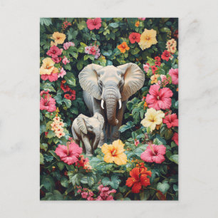 Elephant und Calf Hibiskus Blume Postkarte