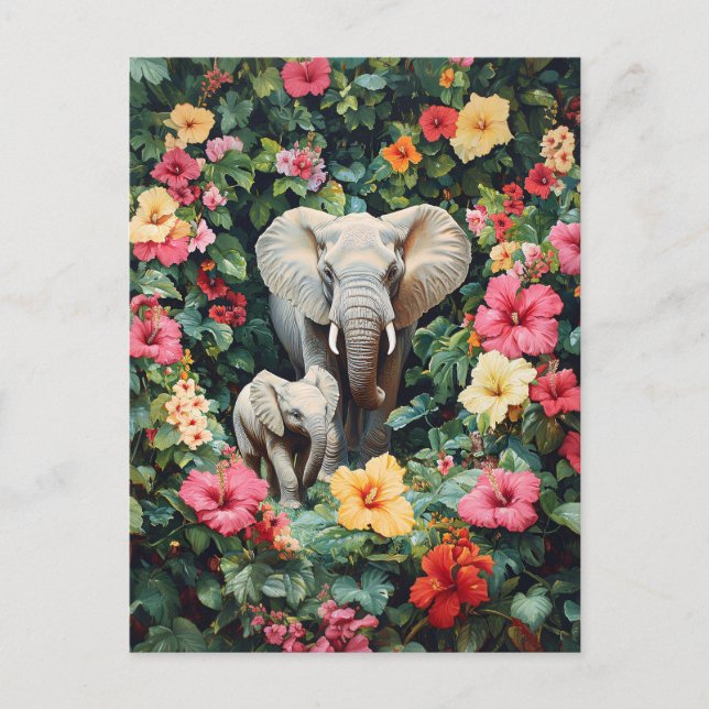 Elephant und Calf Hibiskus Blume Postkarte (Vorderseite)