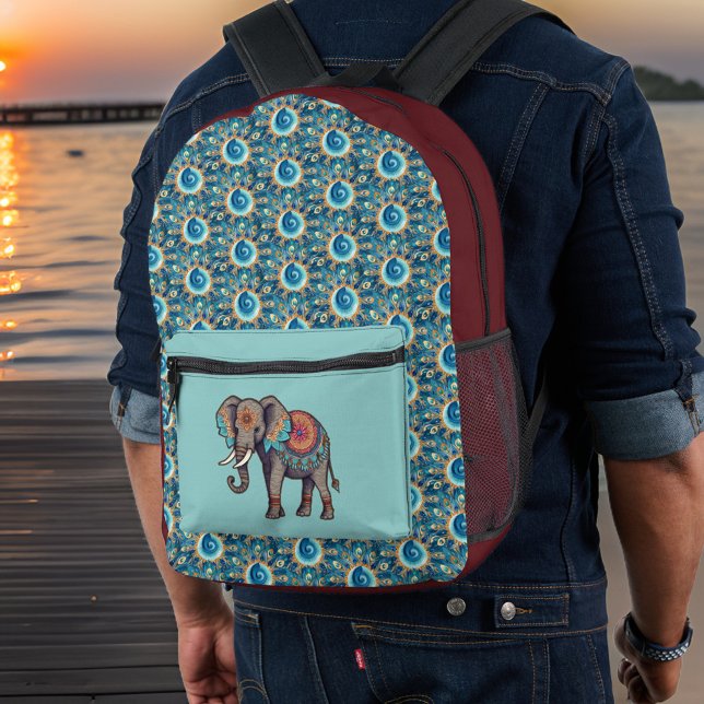 Elephant und Deep Aqua Rote Mandalase in Initialen Bedruckter Rucksack (Von Creator hochgeladen)