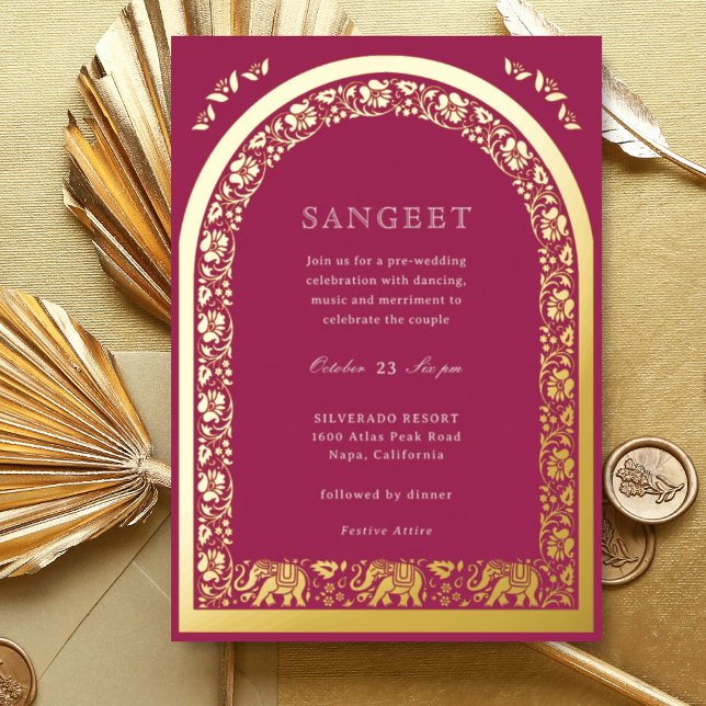 Elephant und Lotus Blume Indian Sangeet Gold Folieneinladung (Pink Indian wedding Sangeet invitation, elephant and lotus flower, hindu wedding invitation card)