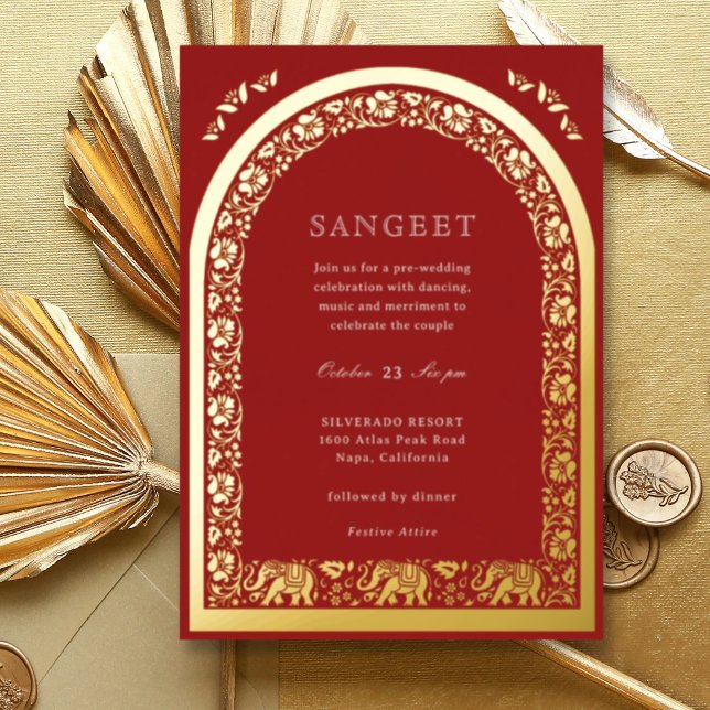 Elephant und Lotus Blume Indian Sangeet Gold Folieneinladung (Red Indian wedding Sangeet invitation, elephant and lotus flower, hindu wedding invitation card)