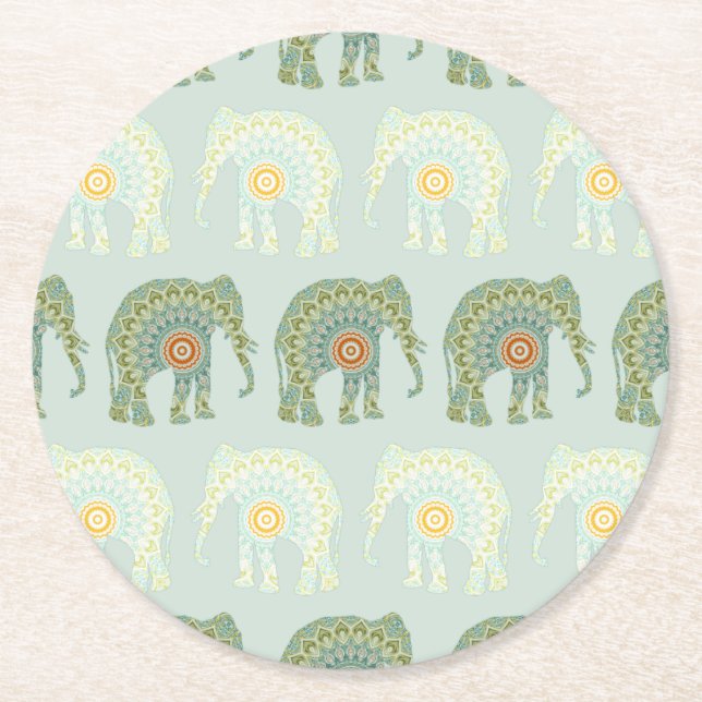 Elephant und Mandala in Light Green Runder Pappuntersetzer (Vorderseite)