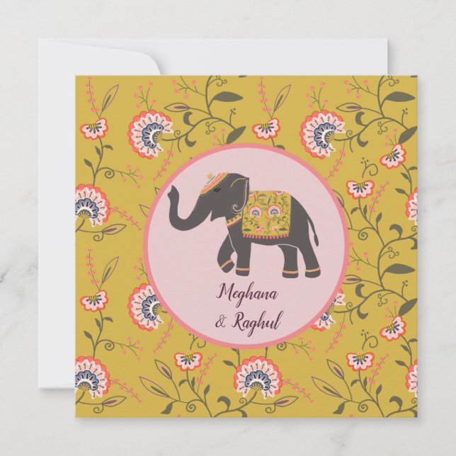 Elephant Vintag Yellow Pattern Indian Wedding Einladung (Vorderseite)