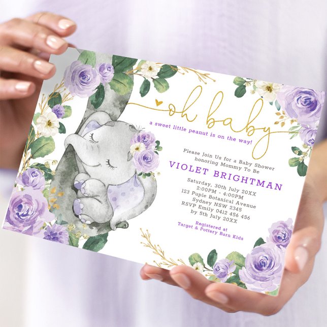 Elephant Violet Lila Blumengarten Babydusche Einladung (Von Creator hochgeladen)