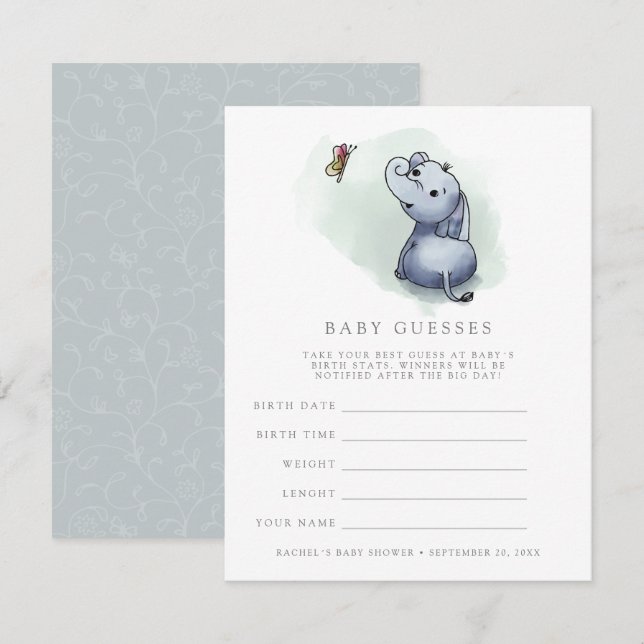 Elephant w Schmetterfly Babydusche Einladung (Vorne/Hinten)