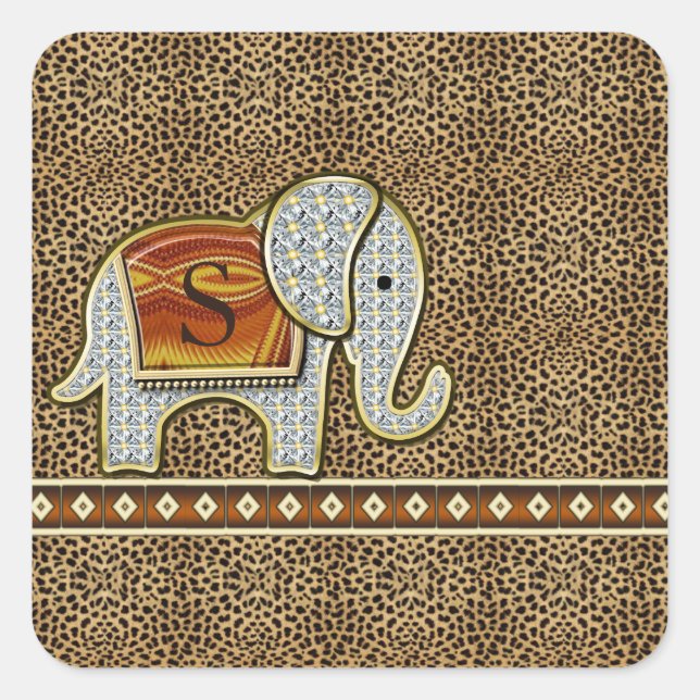 Elephant Walk Monogram Cheetah ID390 Quadratischer Aufkleber (Vorderseite)