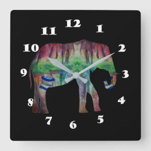 Elephant Watercolor Art Quadratische Wanduhr