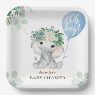 Elephant Watercolor Blue Balloon Babydusche Pappteller
