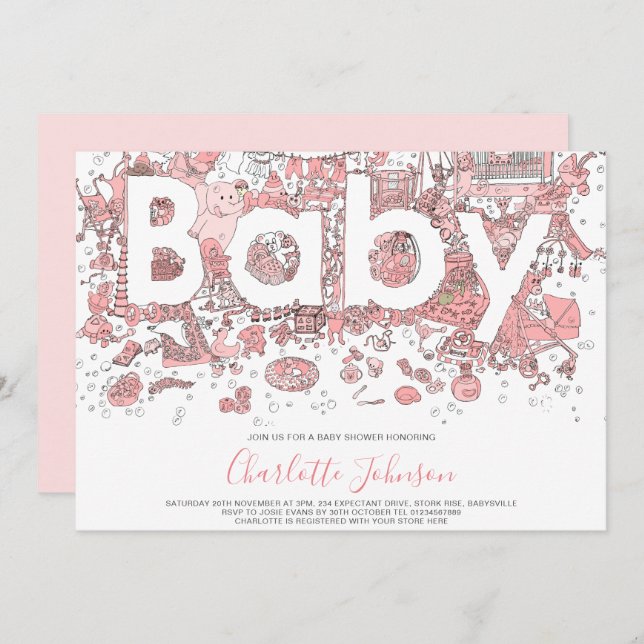 Elephant Watercolor Pink Baby Dusche Einladung (Vorne/Hinten)