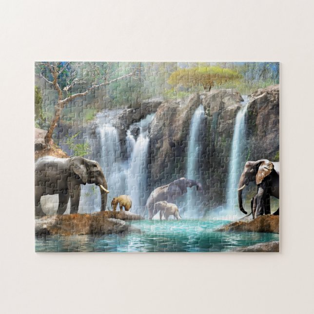 Elephant Waterfall 3 Foto Puzzles Internet Jigsaw (Horizontal)
