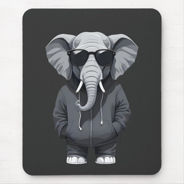 Elephant Wearing Hoodie Funny Cool Animal Vector Mousepad (Vorne)