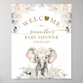 Elephant White Roses Boho Pampas Baby Girl Dusche Poster