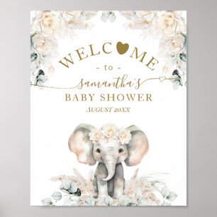 Elephant White Roses Boho Pampas Baby Girl Dusche Poster