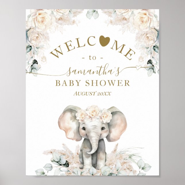Elephant White Roses Boho Pampas Baby Girl Dusche Poster (Vorne)