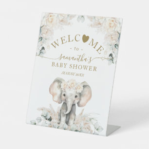 Elephant White Roses Boho Pampas Baby Girl Dusche Sockelschild