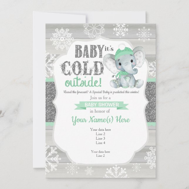 Elephant Winter Einladung MintNeutral Baby Dusche (Vorderseite)