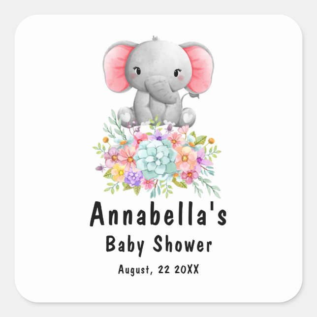 Elephant with Flowers  Baby Shower  Quadratischer Aufkleber (Vorderseite)