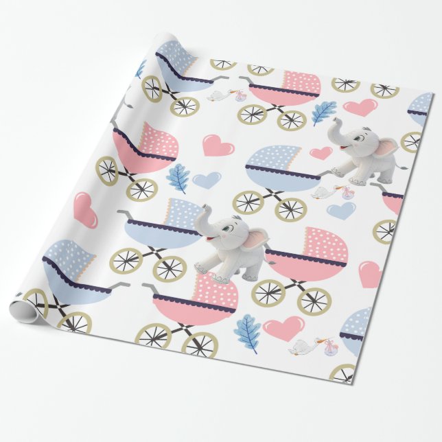 Elephant Wrapping Paper Baby Stroller Pink & Blue  Geschenkpapier (Ungerollt)