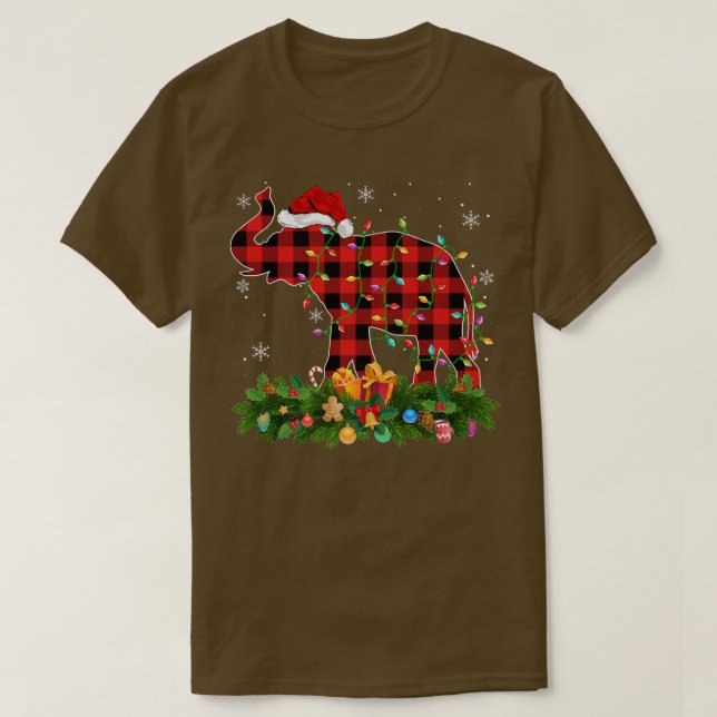 Elephant Xmas Lights Buffalo Karierter Santa Eleph T-Shirt (Design vorne)