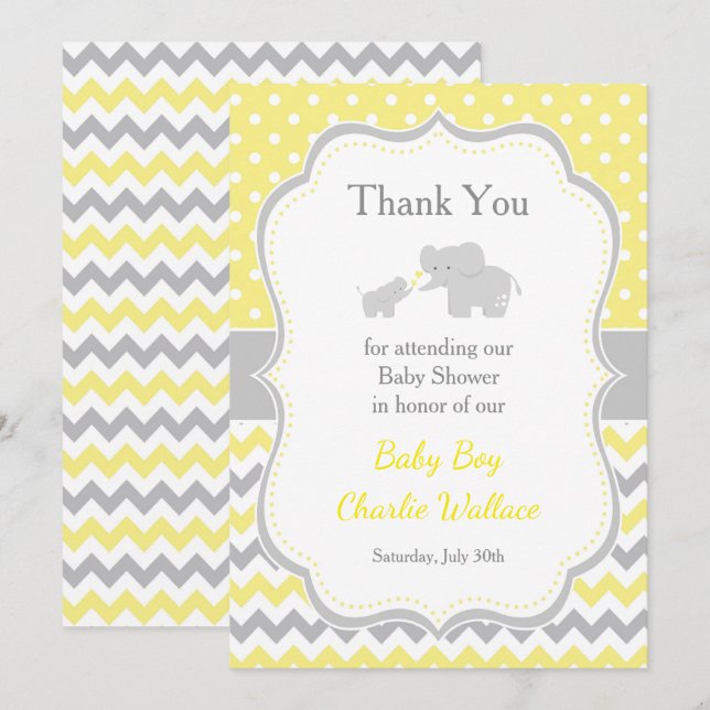 Elephant Yellow and Gray Baby Shower Dankeskarte (Vorne/Hinten)
