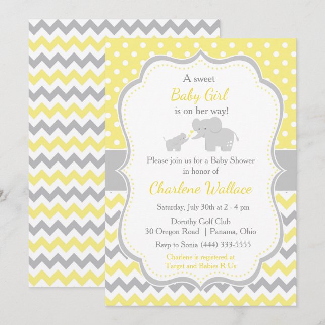 Elephant Yellow and Gray Baby Shower Einladung (Vorne/Hinten)