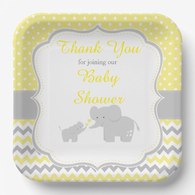 Elephant Yellow and Gray Baby Shower Party Pappteller (Vorderseite)