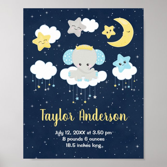 Elephant Yellow and Navy Baby Bircy Statistics Poster (Vorne)