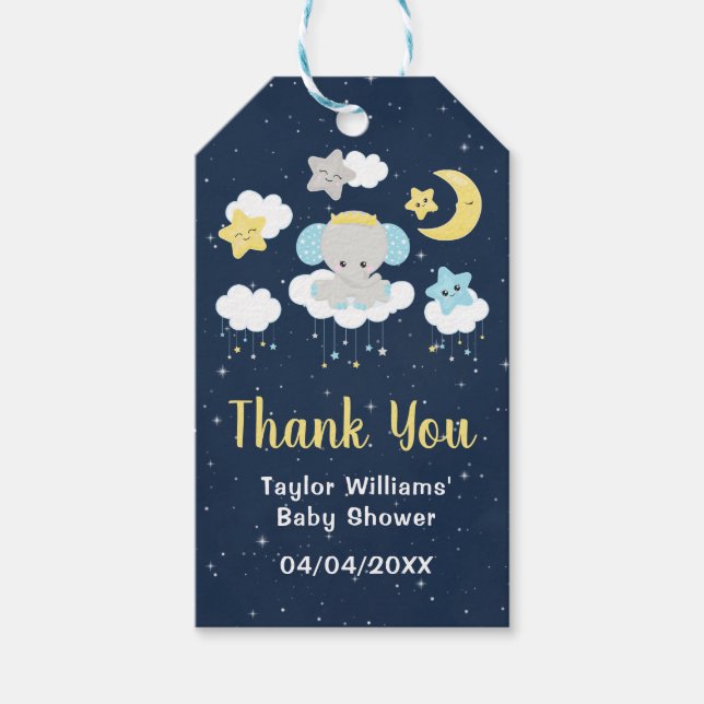 Elephant Yellow and Navy Baby Dusche Vielen Dank Geschenkanhänger (Vorderseite)