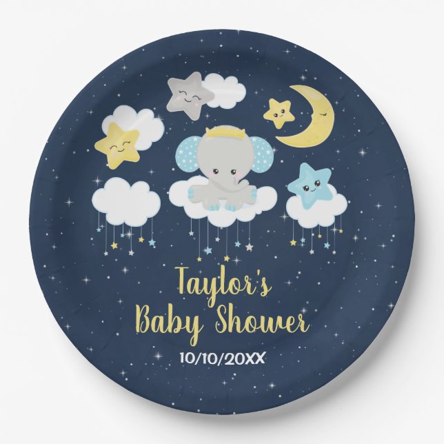 Elephant Yellow and Navy Baby Shower Pappteller (Vorderseite)