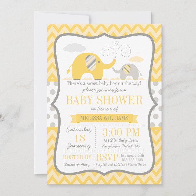Elephant Yellow Gray Baby Dusche Einladung (Vorderseite)