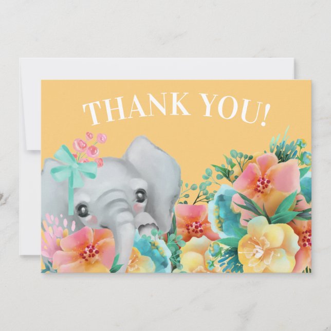 Elephant Yellow Pink Aquamarin Floral Vielen Dank Dankeskarte (Vorderseite)