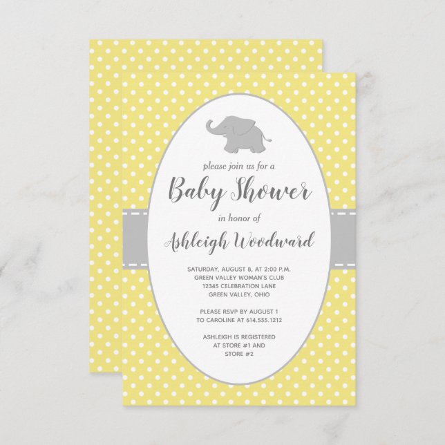 Elephant Yellow Polka Dot Neutral Baby Dusche Einladung (Vorne/Hinten)