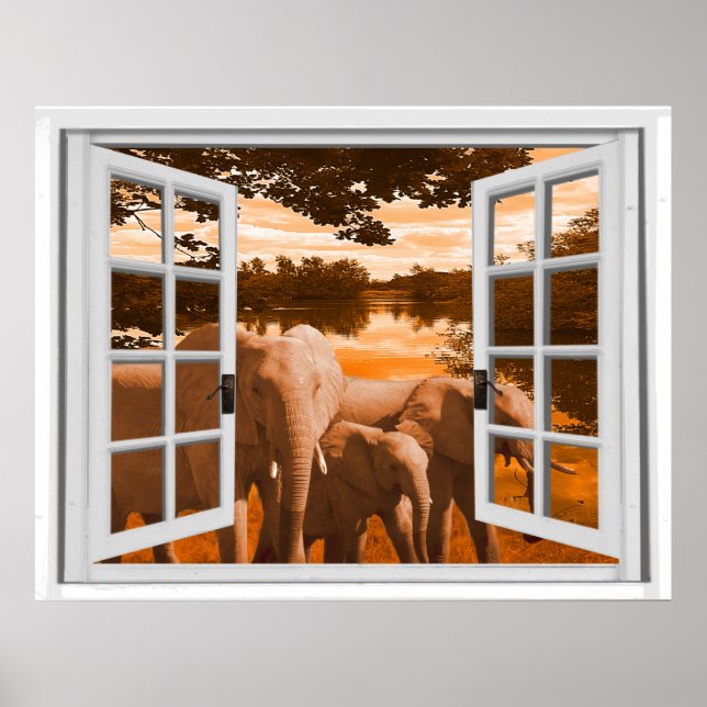 Elephanten Sunset View Trompe l'oeil Fake Window Poster (Vorne)