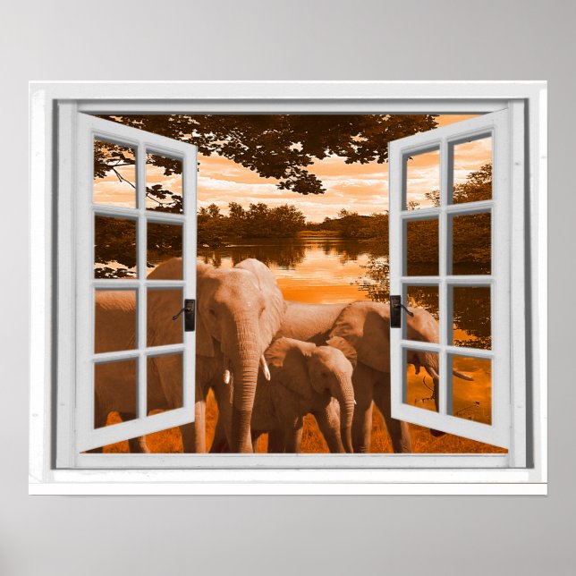 Elephanten Sunset View Trompe l'oeil Fake Window Poster (Vorne)