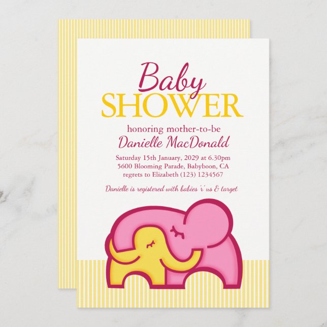 Elephantische Babydusche gelb rosa Einladung (Vorne/Hinten)