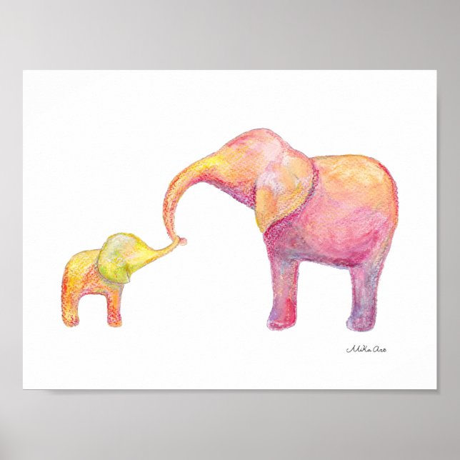 Elephantische Mama & Baby Kinderzimmer Art Wasserf Poster (Vorne)