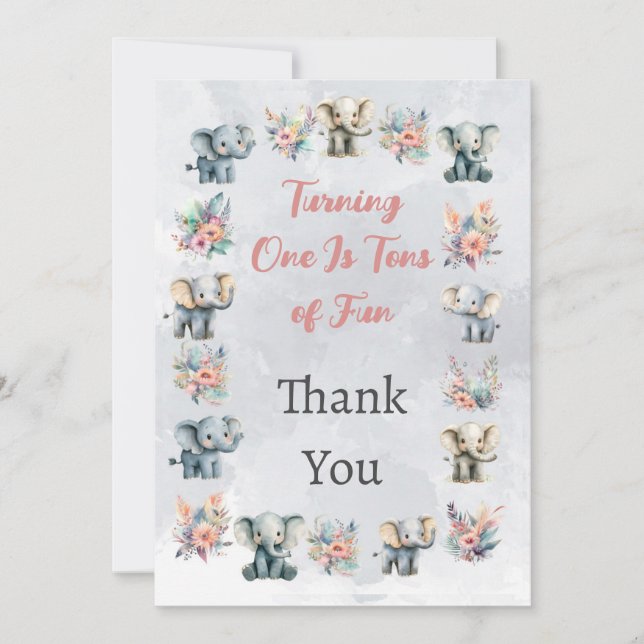 Elephants Boho Jungle Blume Grau Danke Karte (Vorderseite)