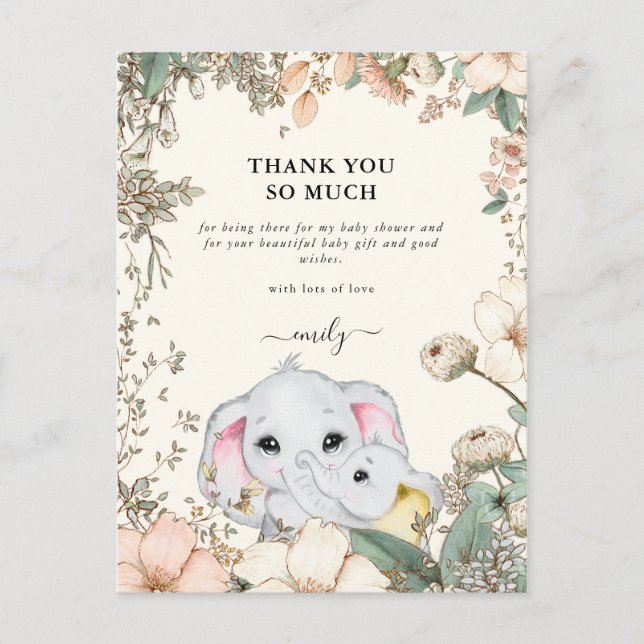 Elephants Foliage Cream Baby Dusche Vielen Dank Postkarte (Vorderseite)