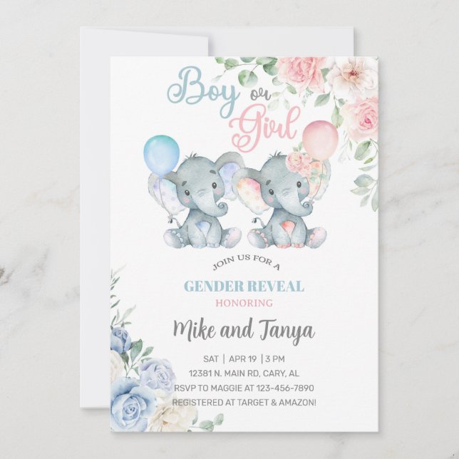 Elephants gender reveal invite, pink blue flowers. einladung (Vorderseite)