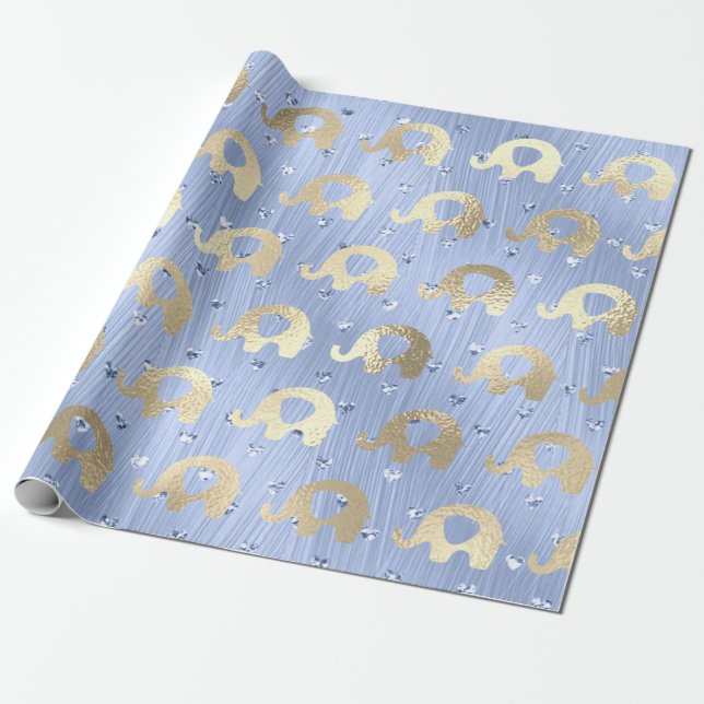 Elephants Metalli Hearts Gold Blue Celestial Geschenkpapier (Ungerollt)