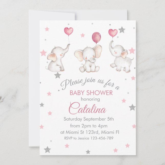 Elephants with Baloons Girl Baby Shower Invitation Einladung (Vorderseite)