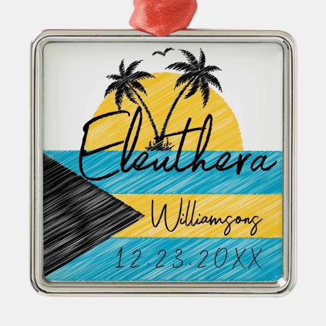 Eleuthera Bahamas Flag Palm Tree Sunset Souvenirs Ornament Aus Metall (Vorne)