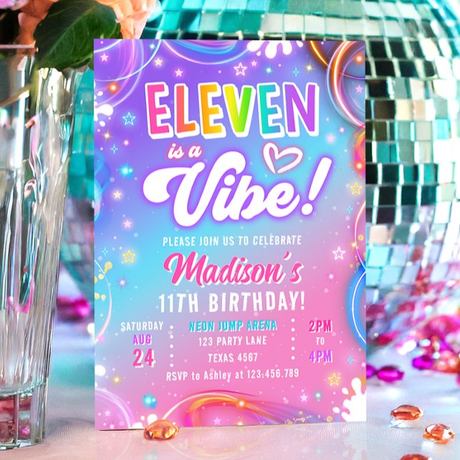 Eleven is a Vibe Retro Groovy Neon Girl Birthday Einladung (Von Creator hochgeladen)