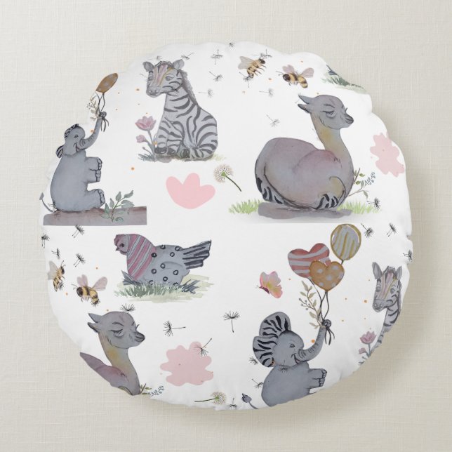 "Eleze Elephant & Polka Hen" Rundes Kissen (Vorderseite)