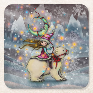 Elf auf einem Eisbären Weihnachts-Festtags-Kunst Rechteckiger Pappuntersetzer