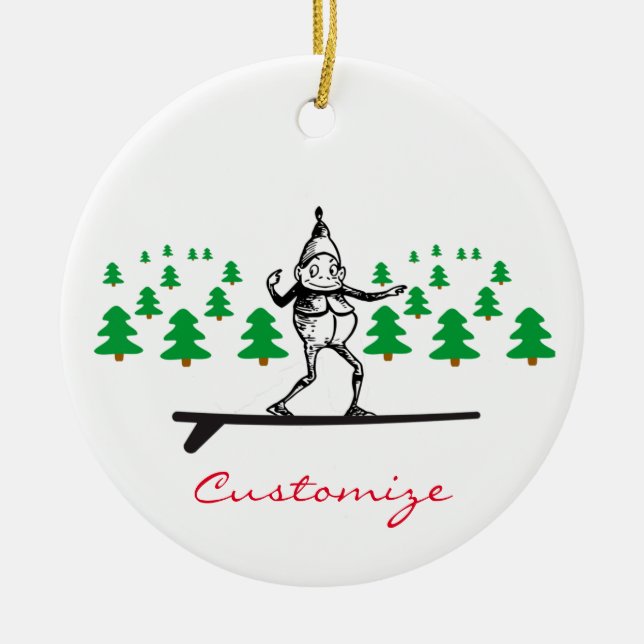 Elf auf einer Surfboard Thunder_Cove Keramik Ornament (Vorne)